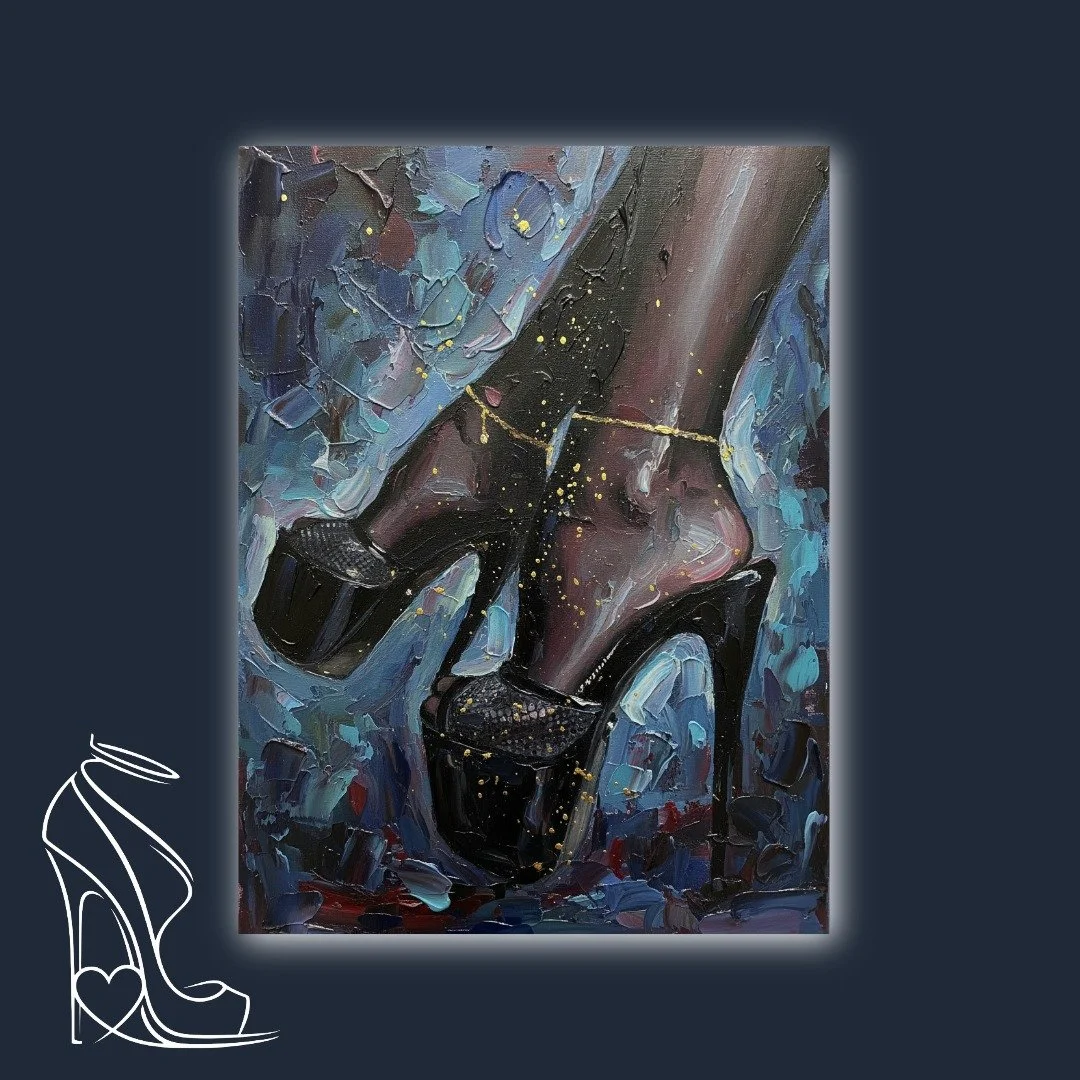 An opulent, impasto exploration of stiletto high heels, draped in deep blues and sparkling gold, exuding mystery and allure.
