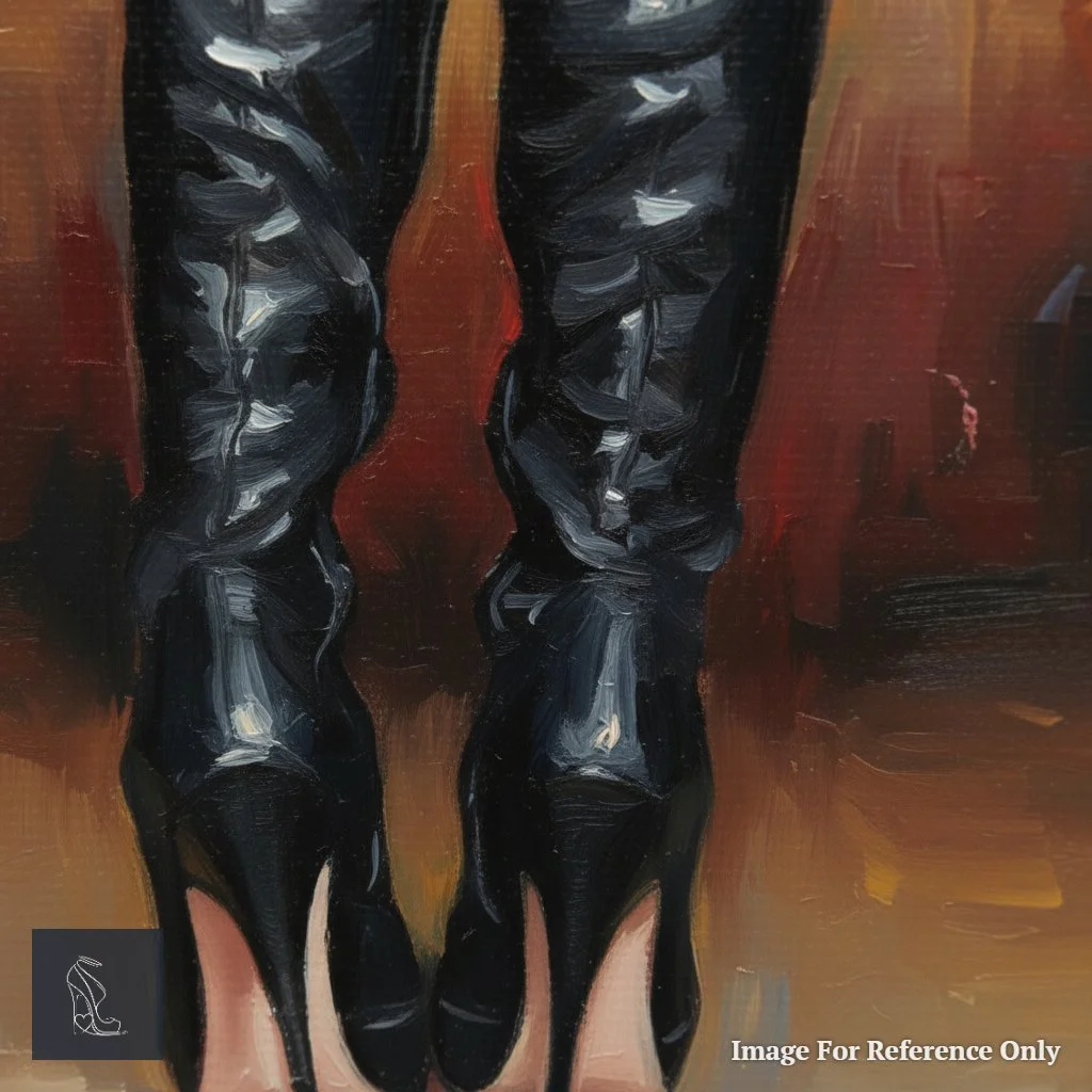 Close-up detail of Mark Lee's painting 'Ritual Boots,' showcasing the intricate impasto textures of the black patent leather and the sharp lines of the stiletto heels.