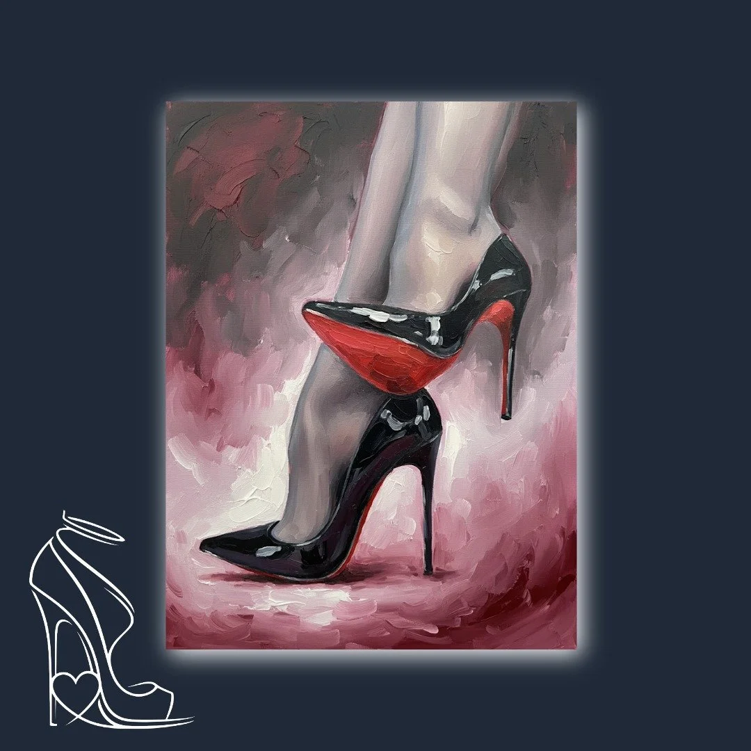 An exquisite oil painting by Mark Lee, showcasing the potent allure of black patent leather stilettos with their iconic crimson soles, embodying desire and sophistication.