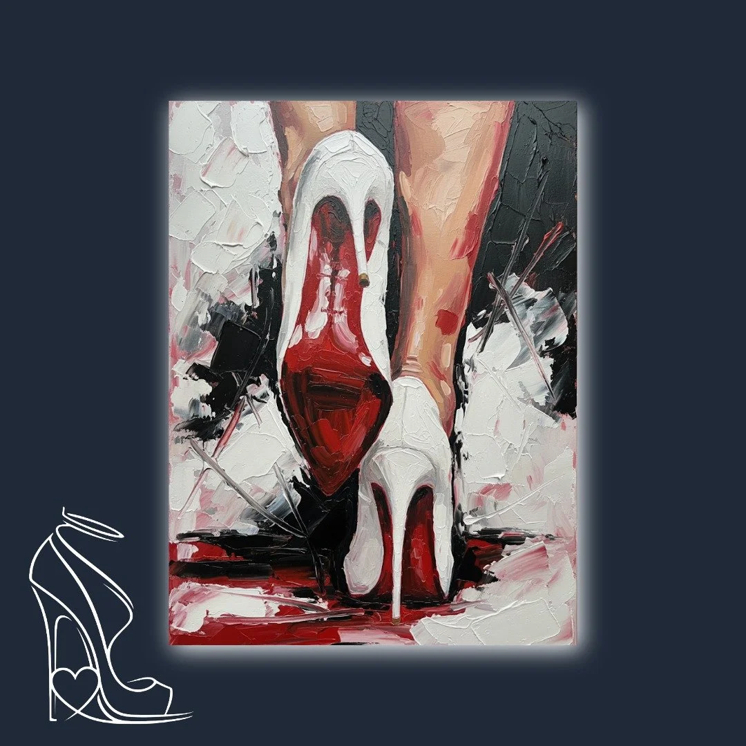 A striking impasto painting of iconic white stilettos with their alluring red soles, exuding power and sensual elegance.