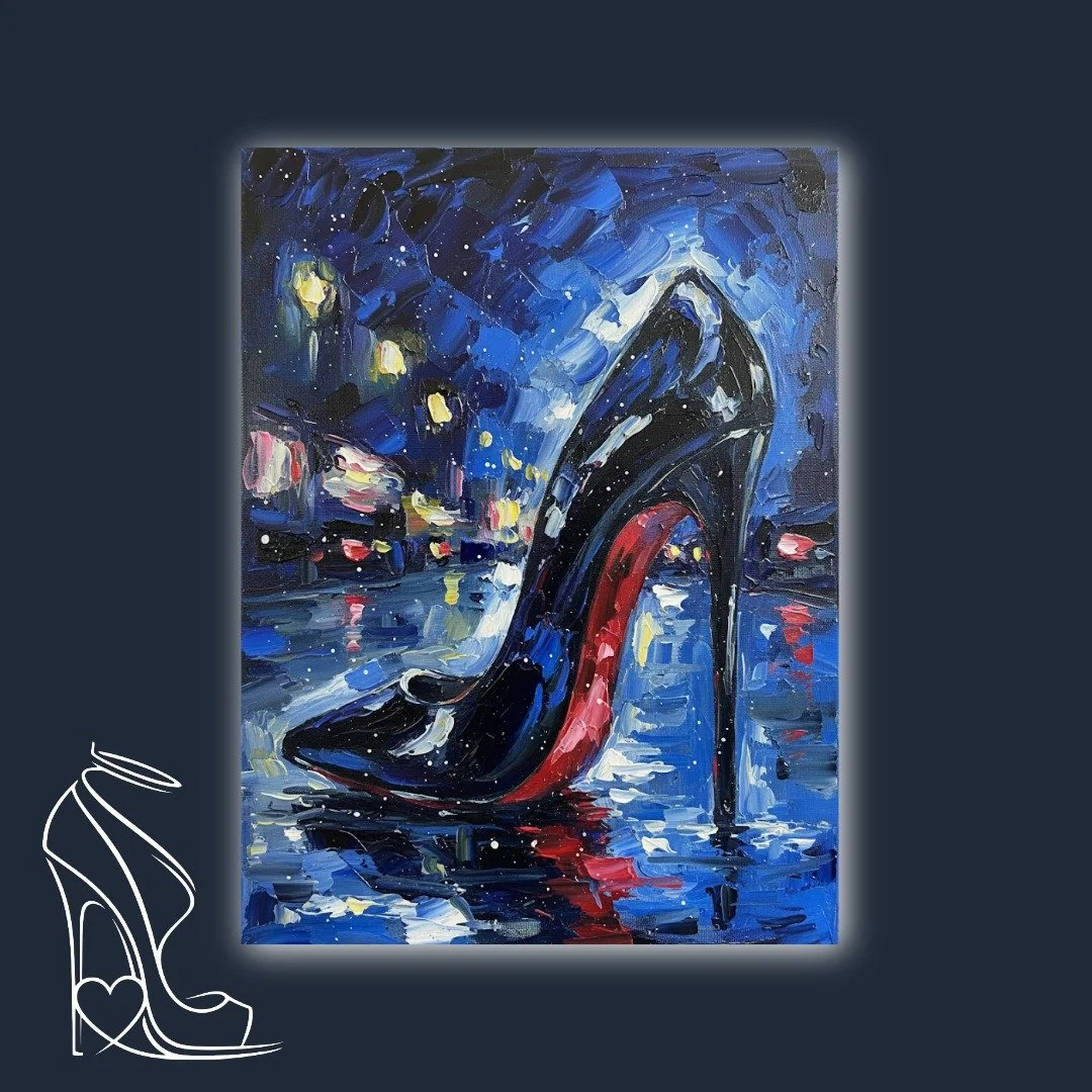 A striking impasto oil painting of a black stiletto with a fiery red sole, reflecting the vibrant, blurry lights of a rainy city night.