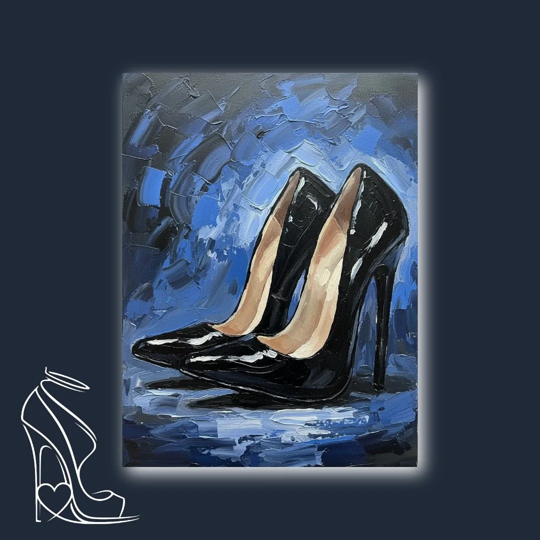 Impasto Elegance: Black Pumps Against a Stormy Blue