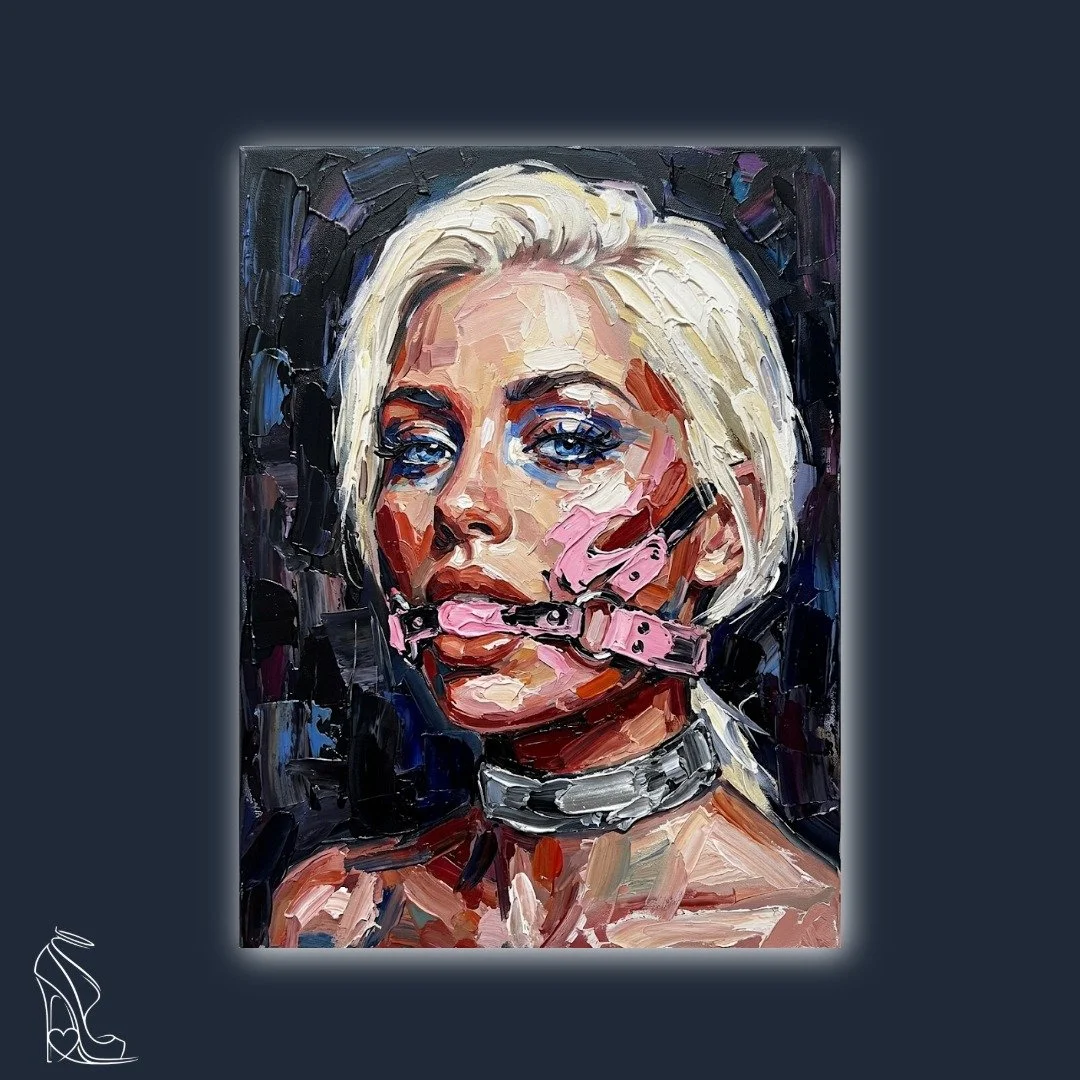 Digital impasto art of a blonde woman in a pink gag and silver collar with heavy textured paint strokes and blue eyes.