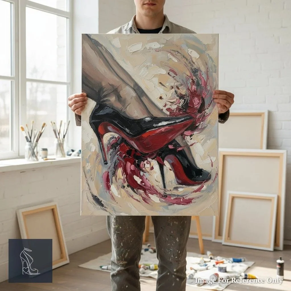 An artist holding a textured canvas depicting the sharp silhouette and crimson sole of a high-heeled pump.