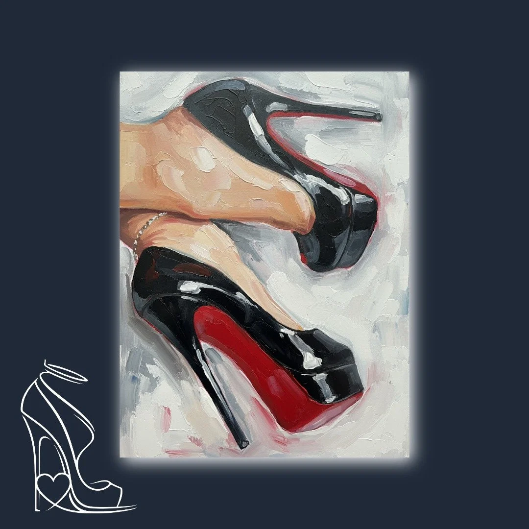 A captivating oil painting showcasing the sensual allure of black patent leather stiletto high heels with iconic red soles, accented by a delicate silver ankle chain, rendered in bold impasto strokes.