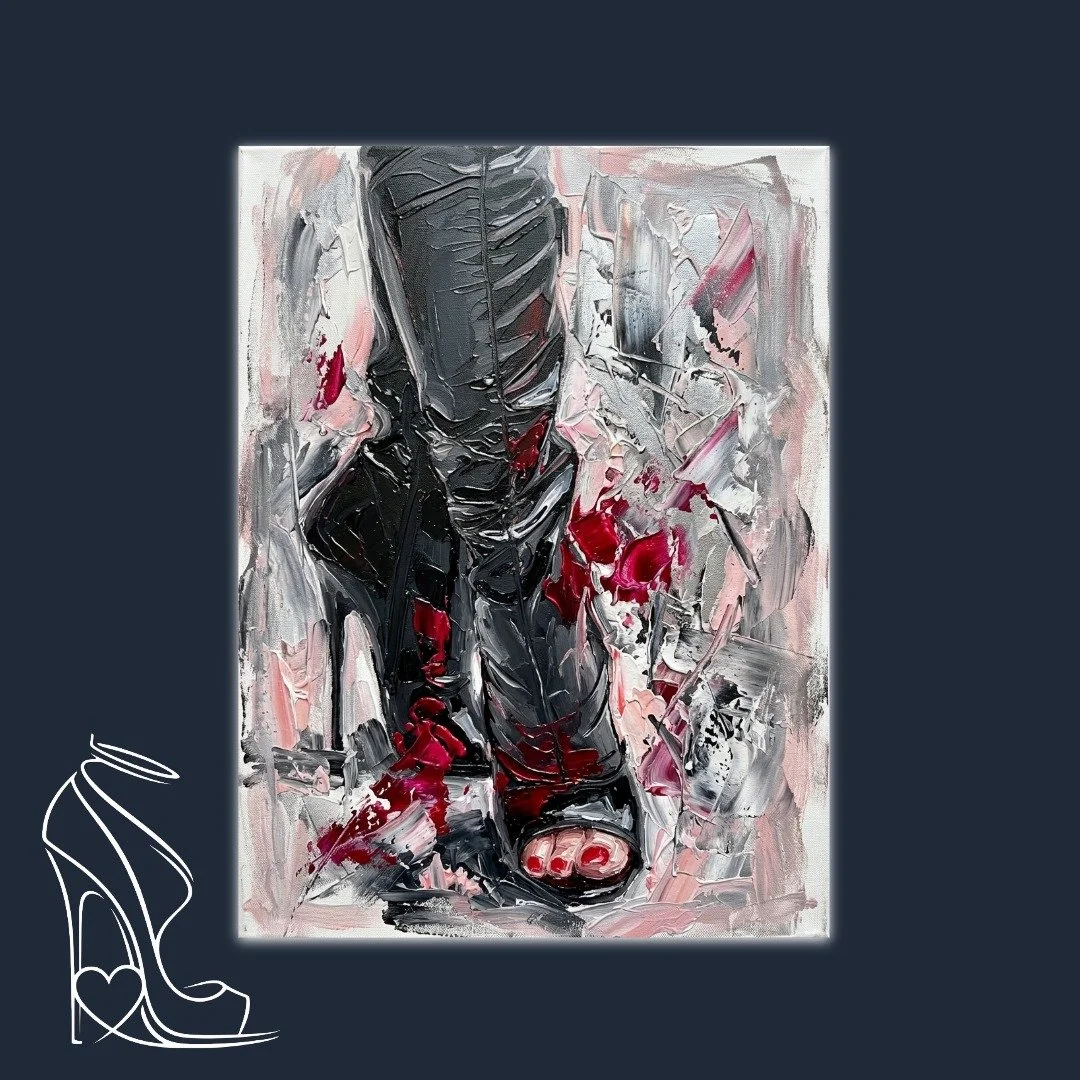 A visceral exploration of power and allure, featuring bold stiletto high heels and a dramatic impasto finish