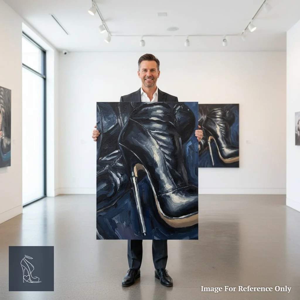 Artist Mark Lee holding his original 'Sleek Supremacy' oil painting, a vibrant depiction of extreme stiletto high heels and black leather boots.