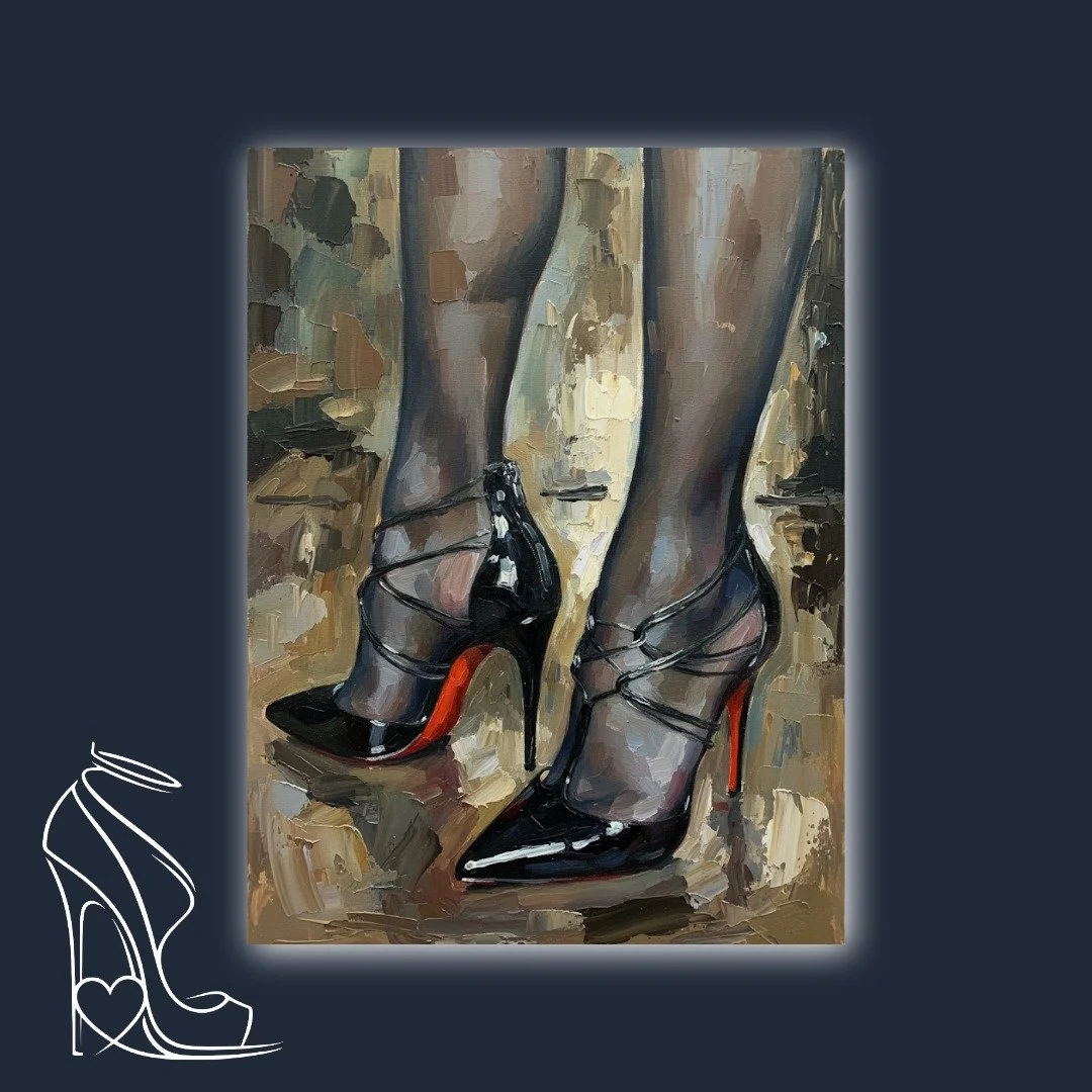 A captivating impasto oil painting depicting legs adorned in sheer stockings and glossy, red-soled stiletto heels with delicate straps, exuding seductive elegance.