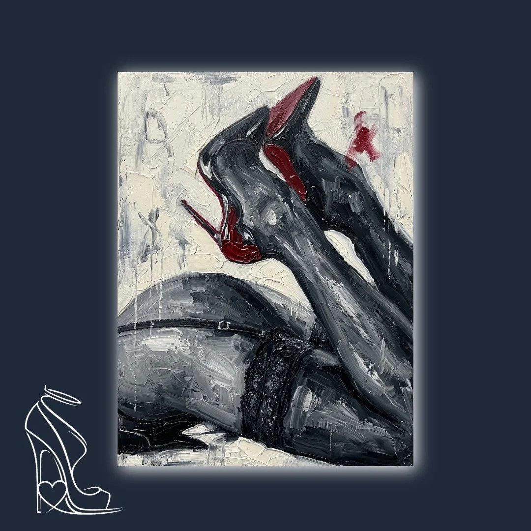 A heavy-textured digital impasto exploration of the stiletto’s architectural power and the visceral allure of the crimson arch.