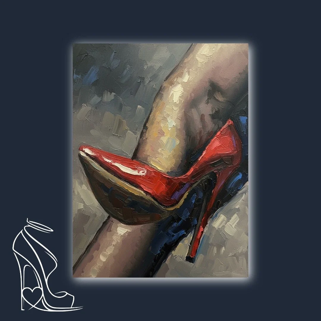 A breathtaking oil painting capturing the commanding allure of a red patent leather stiletto, presented from a uniquely submissive perspective that celebrates the divine arch and potent silhouette.