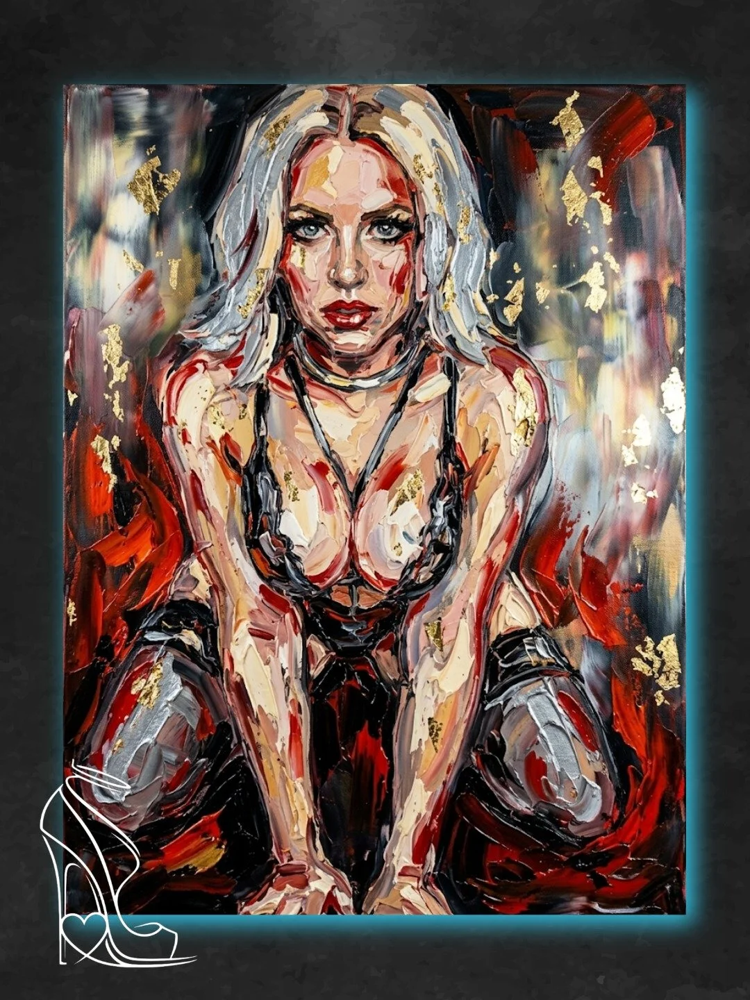 Heavy impasto portrait of Taylor Blue in black leather harness with gold leaf flecks and intense gaze.