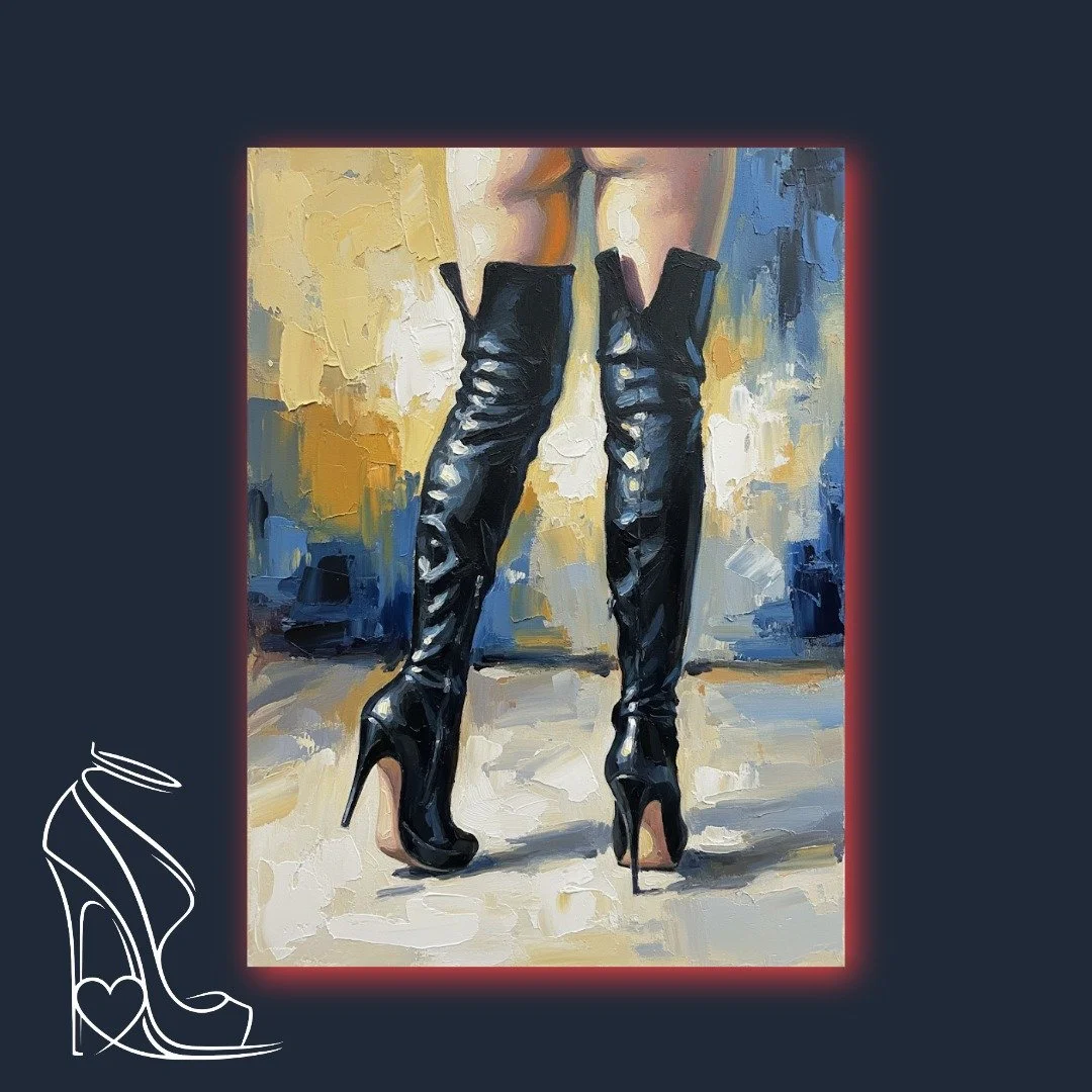 A captivating oil painting from 'The V Collection,' featuring glossy black thigh-high stiletto boots rendered with dynamic impasto, celebrating feminine power and high-heel fetish allure.