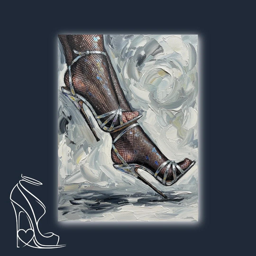 A mesmerizing impasto oil painting capturing the sensual power of a foot in fishnet stockings and a silver stiletto high heel, rendered with textured detail and a dominant aesthetic.
