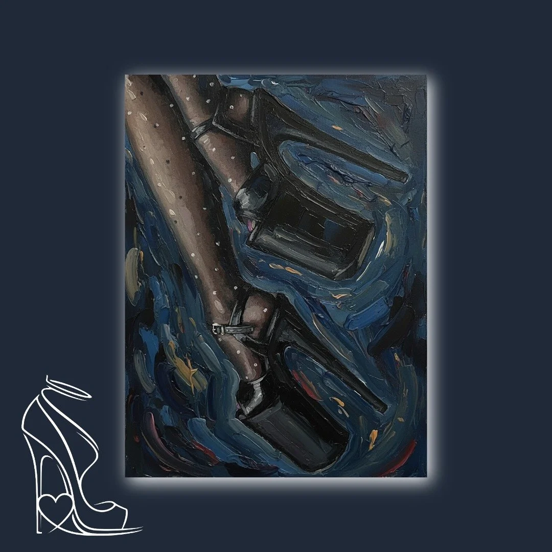 A visceral, impasto oil painting capturing the seductive power of a stiletto high heel and sheer stockings, rendered with bold strokes and dark allure.