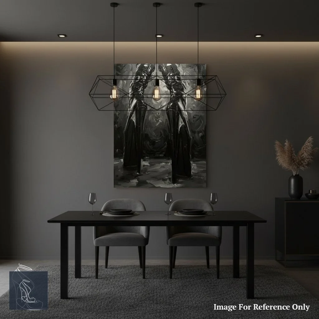Large-scale 'Vertiginous Dominion' stiletto art piece hanging prominently in a minimalist, dark-themed hallway, creating a dramatic focal point.