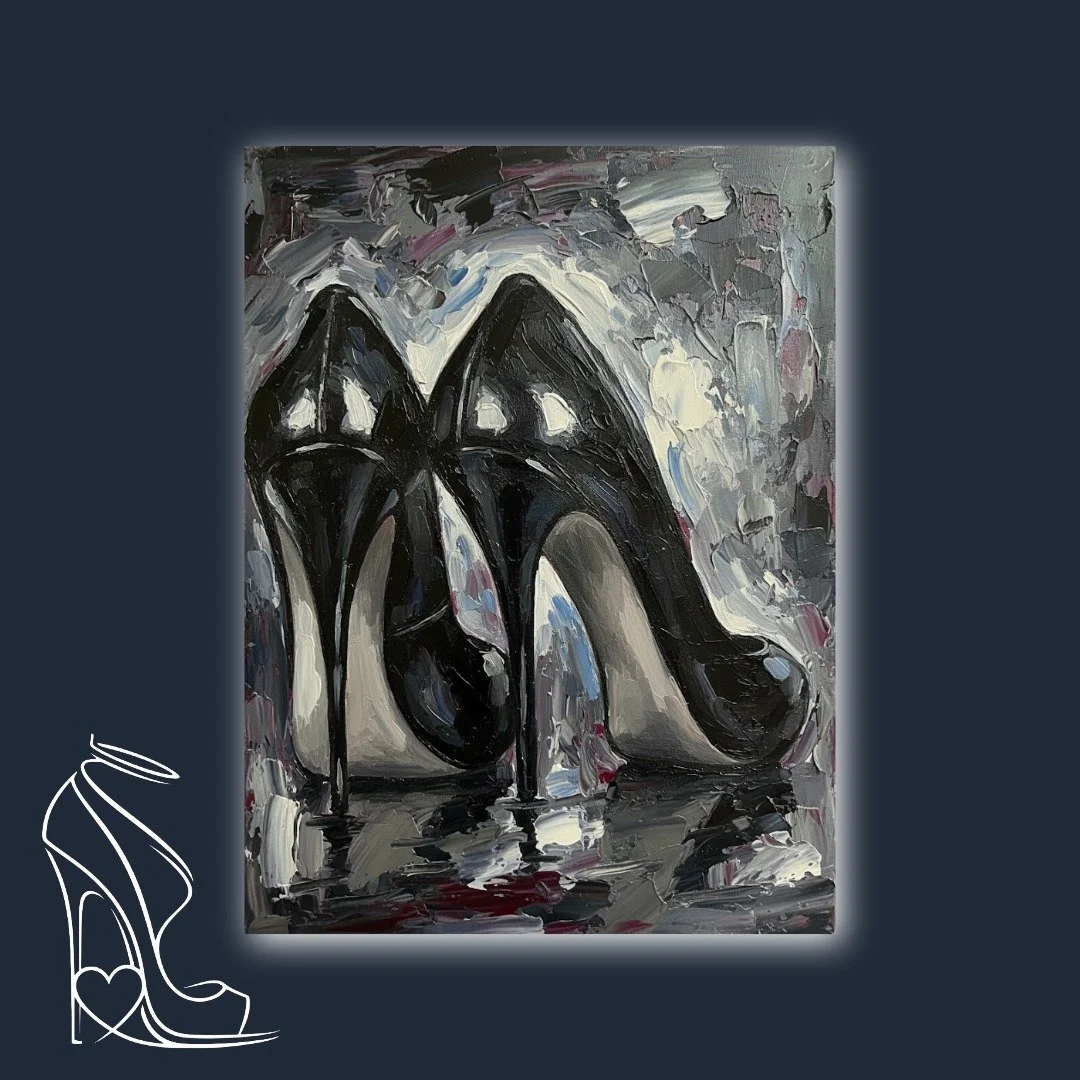 A striking original oil painting depicting obsidian black stiletto high heels with thick impasto texture, celebrating their seductive power and fetish allure.