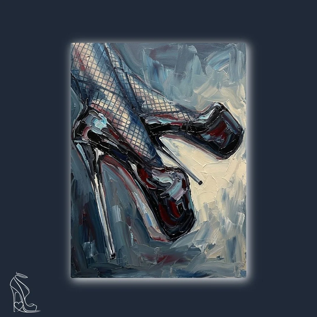 Digital impasto art of black stiletto heels and fishnets with thick, textured paint strokes in dark atmospheric tones.