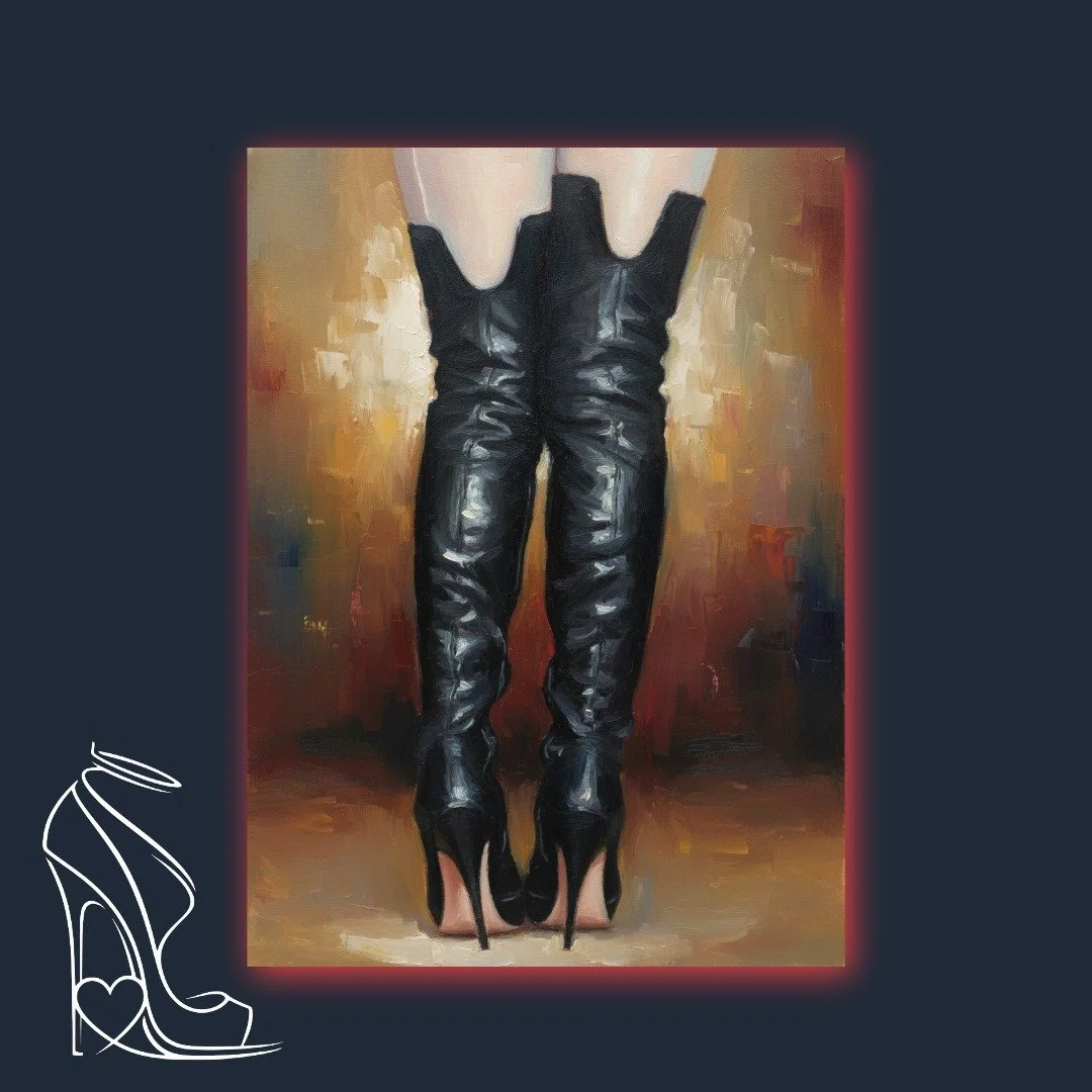 A captivating oil painting from the V Collection, 'Ritual Boots' by Mark Lee features glossy black stiletto thigh-high boots, embodying power and sensual dominance.