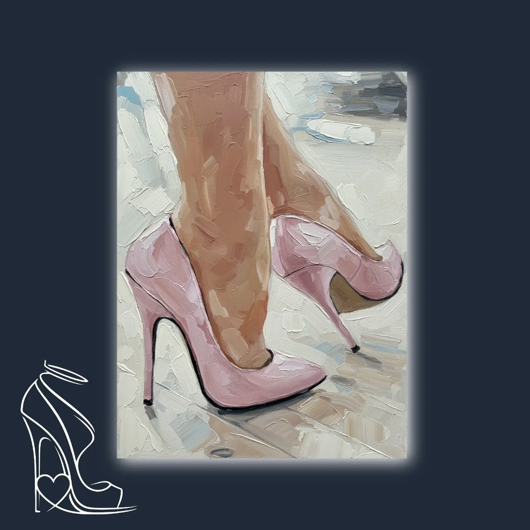 A captivating oil painting showcasing the alluring curve of legs in striking pink stiletto high heels, rendered with luscious impasto texture.