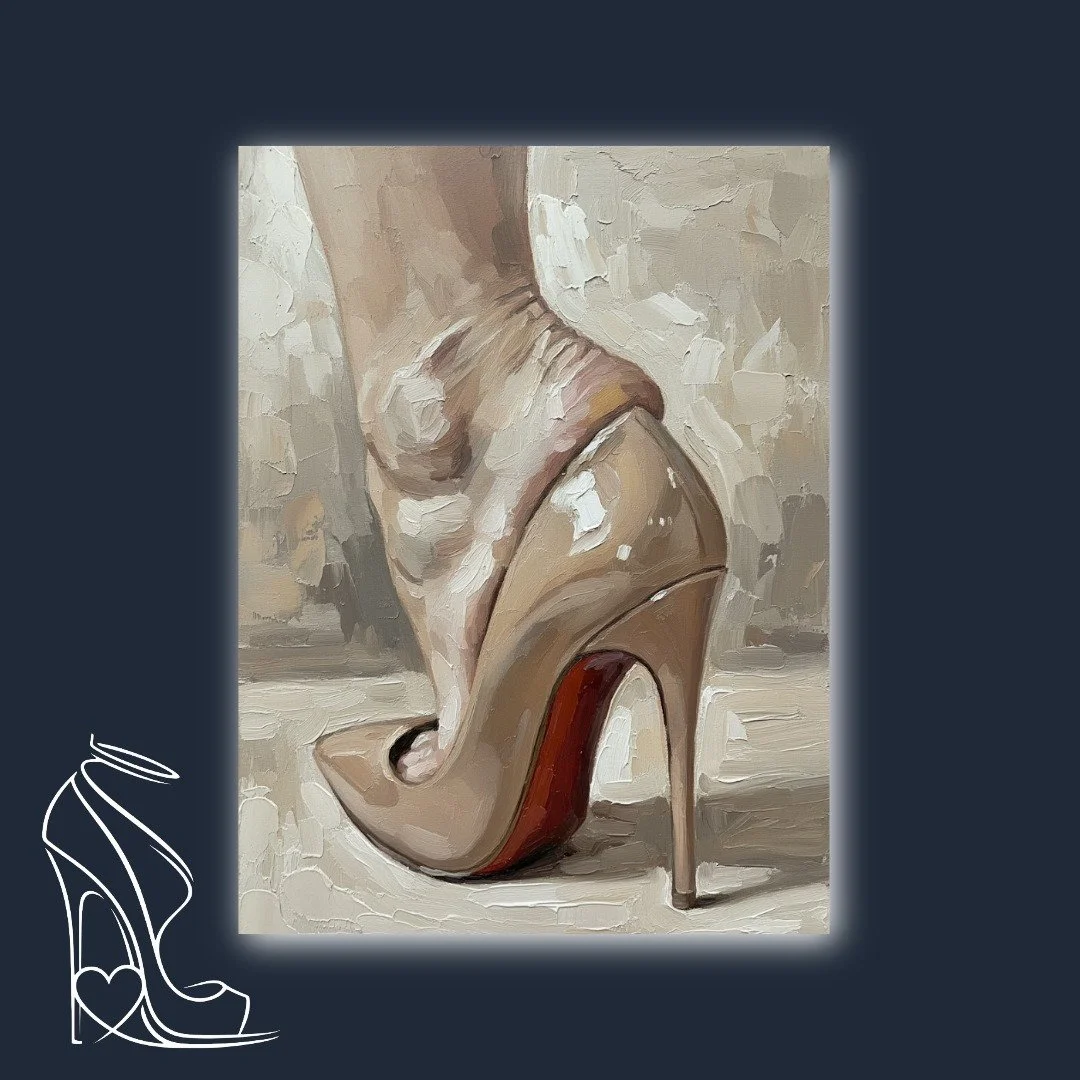 An intimate oil painting of a bare foot slipping into a glossy nude patent stiletto with a fiery red sole, rendered with Mark Lee's signature thick impasto.