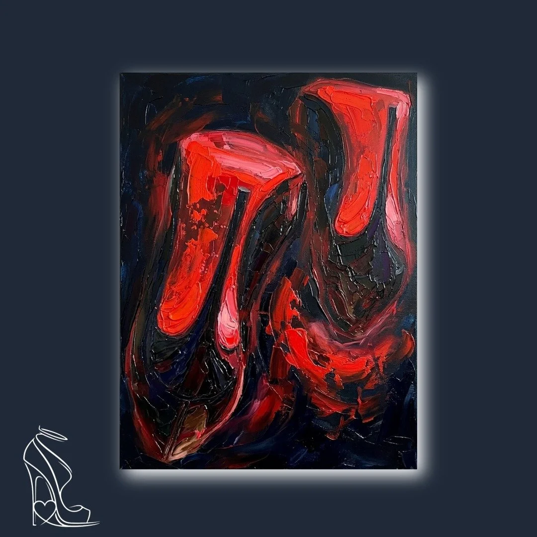 Textured digital impasto painting of high-heeled shoes with sculpted red soles and dark, brooding contours.