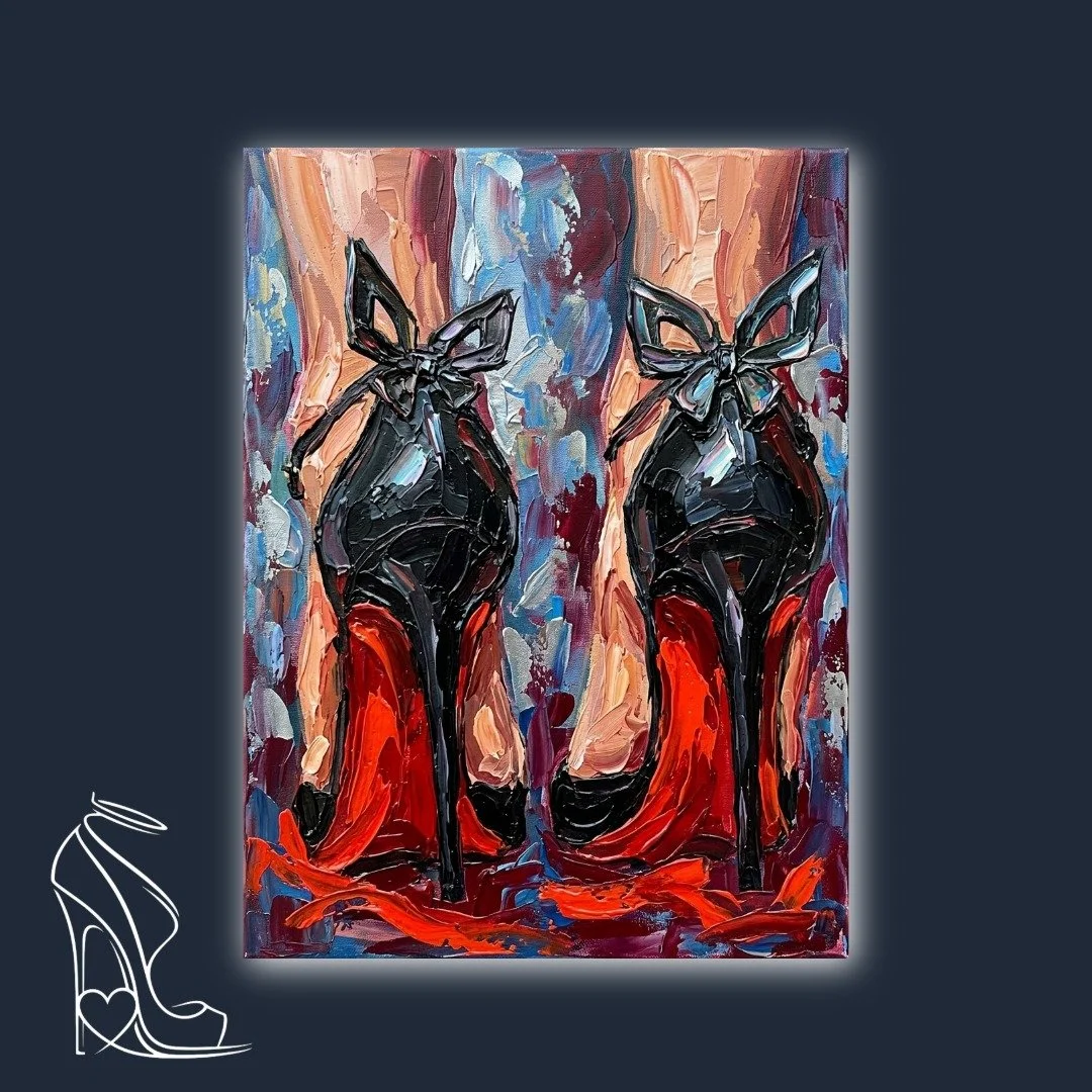Digital impasto art of black stilettos with red soles, featuring thick 3D paint textures and a butterfly heel detail.