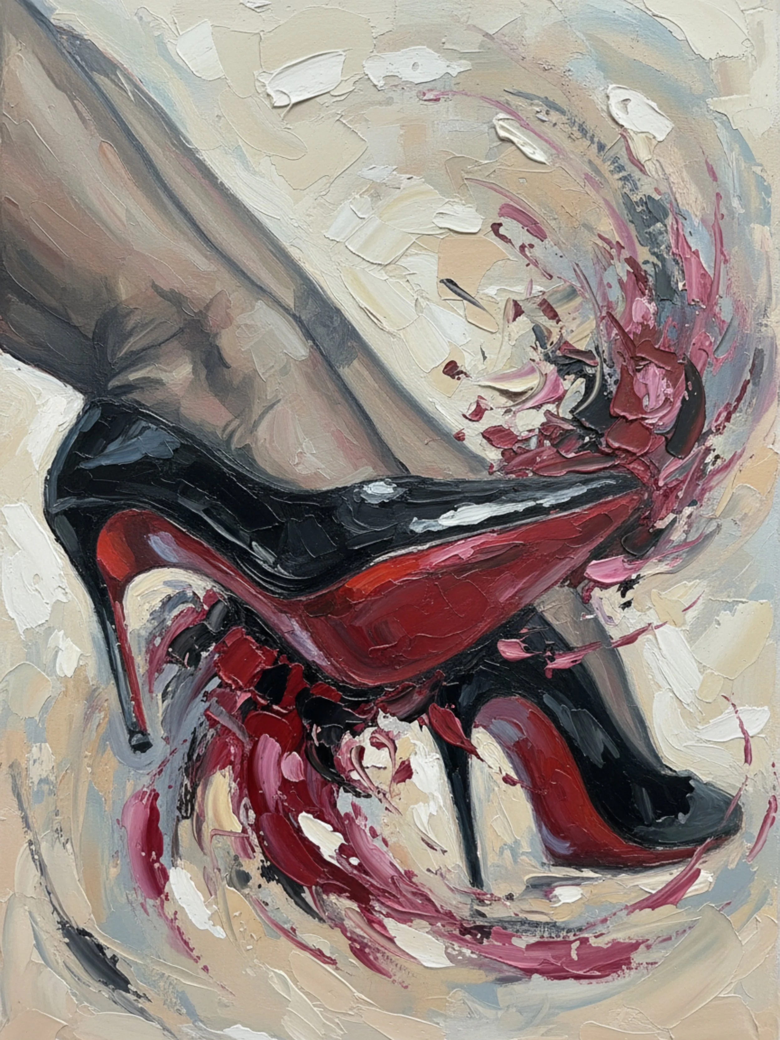 The Sovereign Seduction of the Crimson Sole' - A 1-of-1 exclusive impasto painting by Mark Lee. Black patent stilettos with glossy red soles emerge from an energetic, highly textured background in this premium luxury fetish artwork