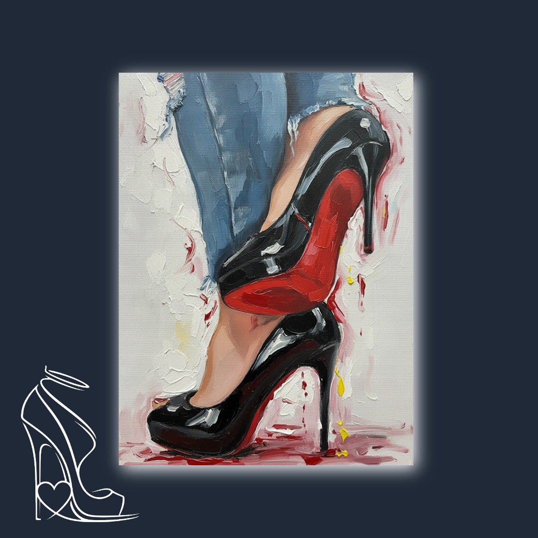 An original oil painting by Mark Lee, 'Red Bottom Rapture' captures the iconic allure of stiletto high heels with vibrant impasto.