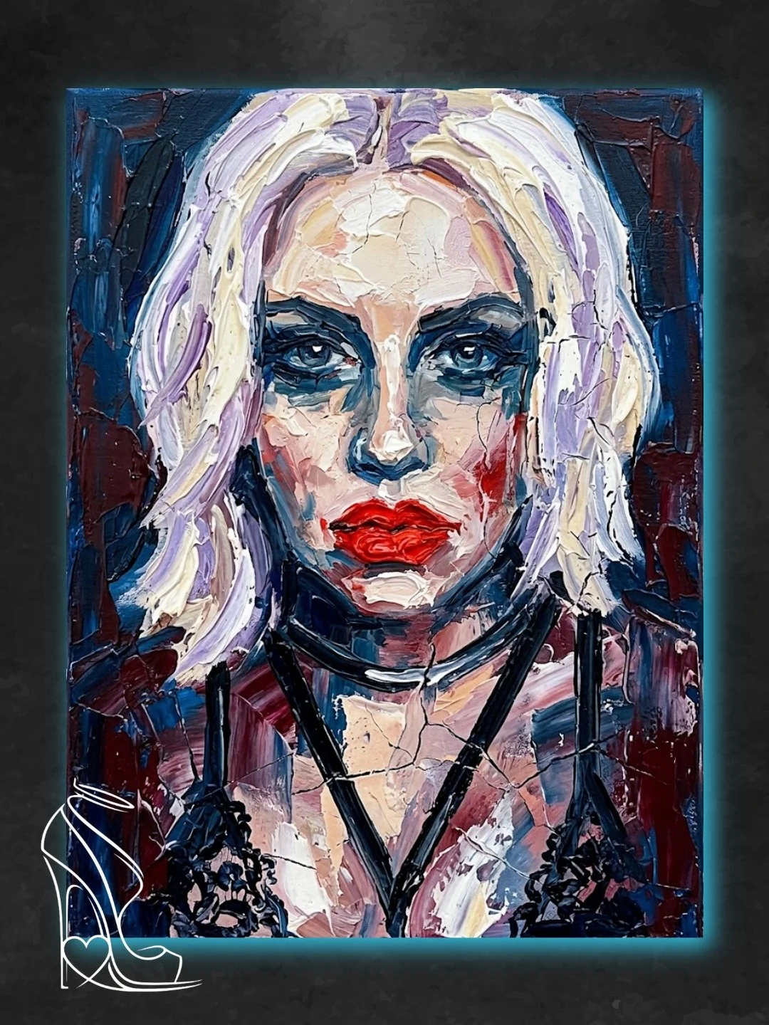 Taylor Blue digital impasto fine art portrait featuring heavy makeup, glossy red lips, and a black leather harness.