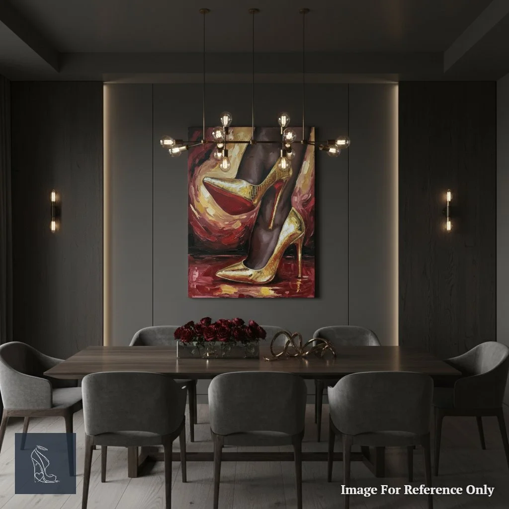 The striking 'Lulu's Gilded Ascent' by Mark Lee, a vibrant oil painting of golden stilettos, prominently displayed in a modern dining room setting.