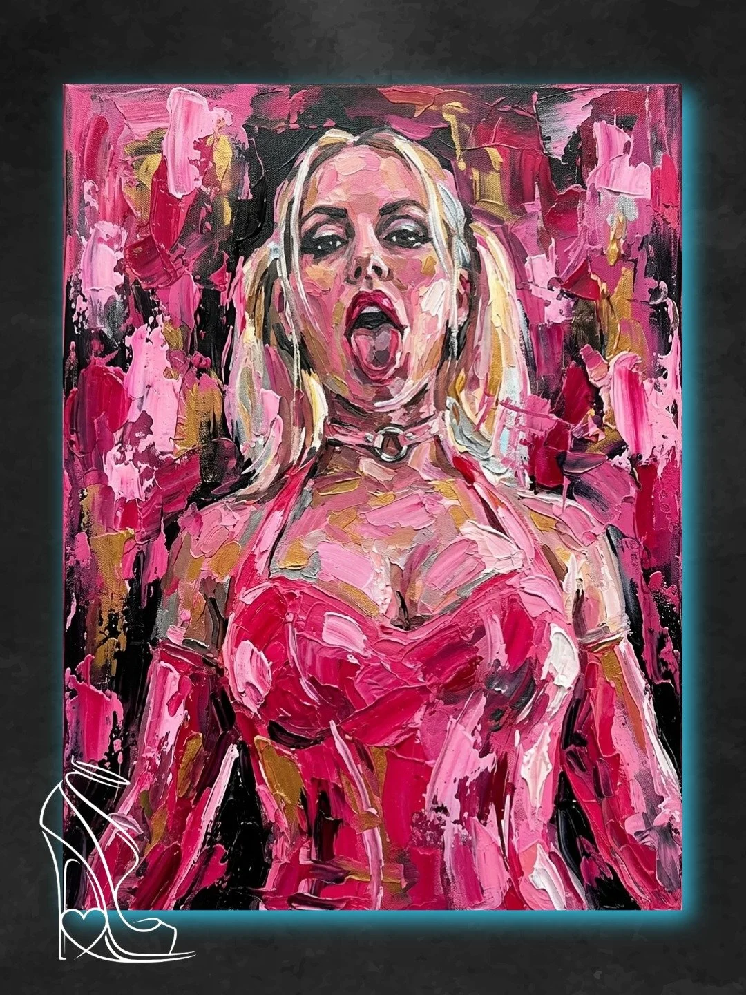 Taylor Blue impasto oil portrait in pink PVC corset and O-ring collar sticking her tongue out with high-gloss textures.