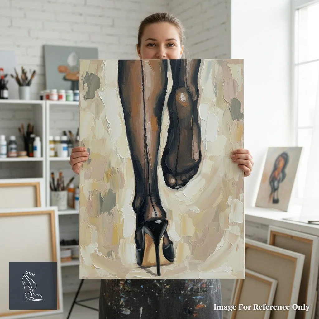 An artist holding the textured canvas of The Whispering Seam, showing the scale of the stiletto and foot artwork.