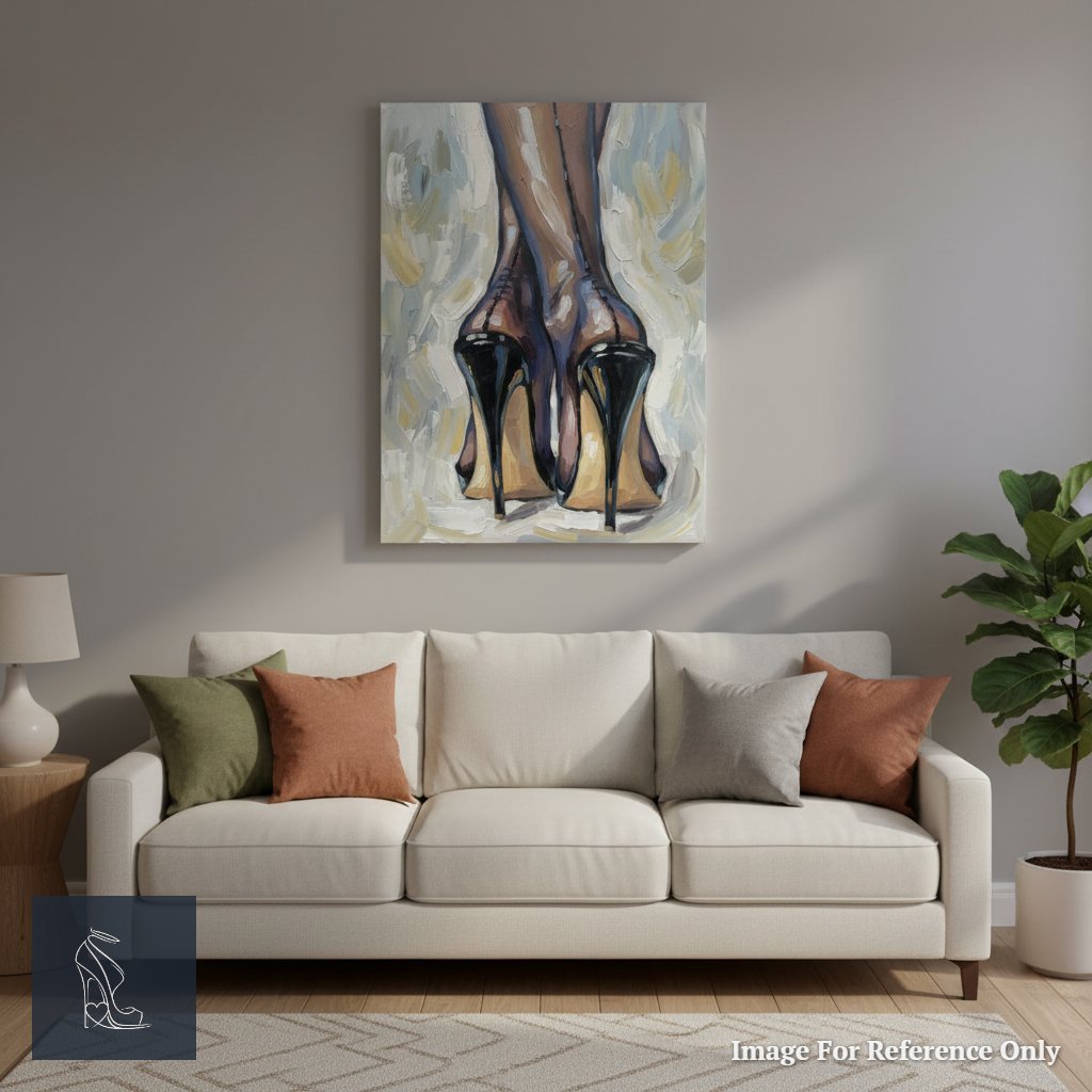 A sophisticated living room featuring the cross-legged high heel painting as a bold statement piece on a neutral wall.