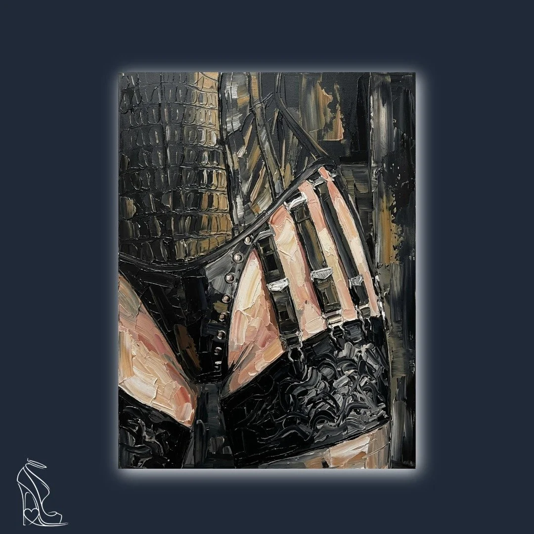 Digital impasto painting with thick texture showing a black leather corset and multiple suspender straps on stockings.