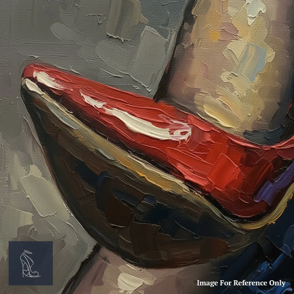 Extreme close-up view of a glossy red stiletto's inner arch and sole, showcasing intricate oil paint details and seductive reflections.