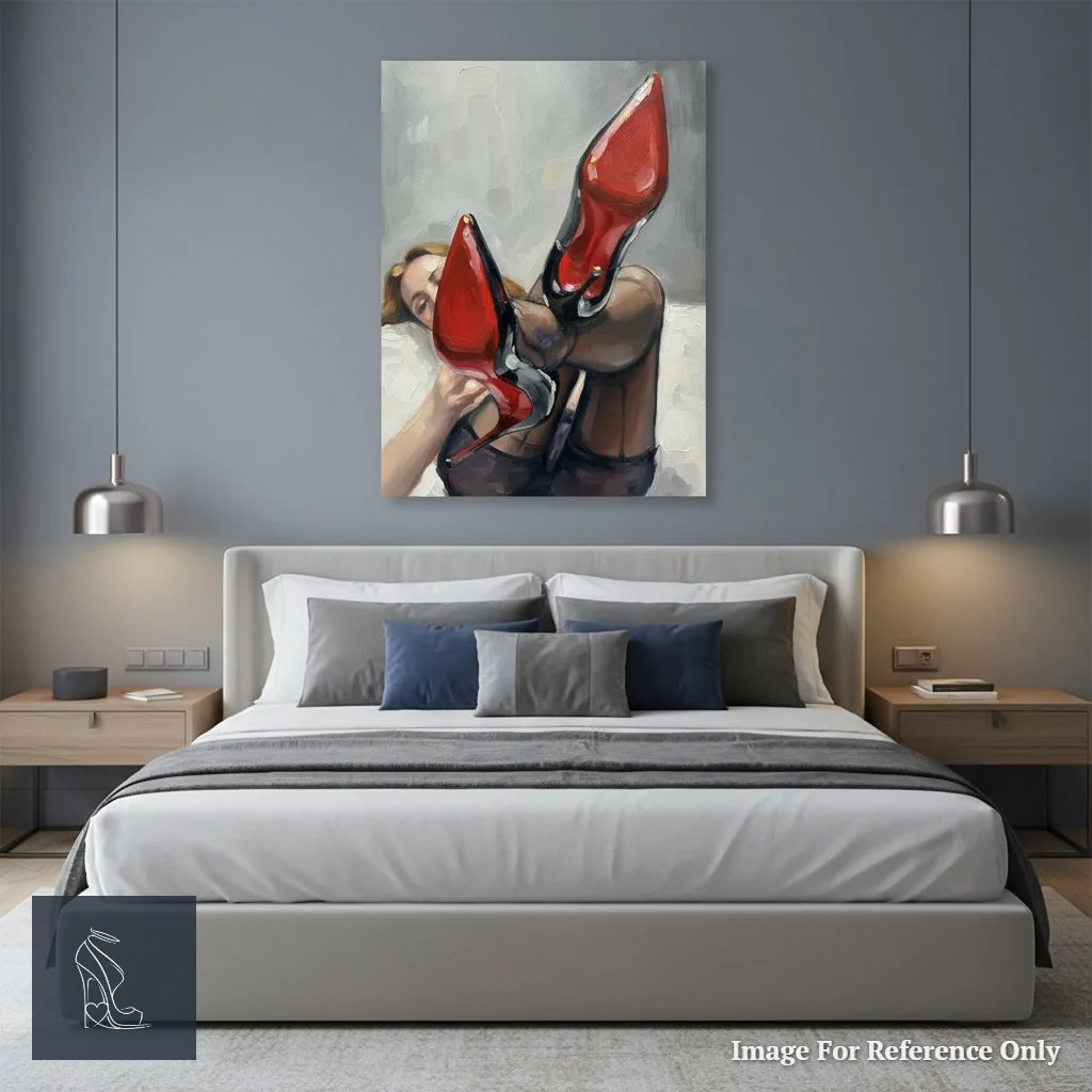 An oil painting of a woman with prominent red-soled stiletto heels and stockings, displayed elegantly above a bed in a modern, intimate bedroom setting.
