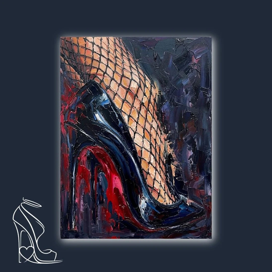 A visceral exploration of stiletto power, rendered in heavy digital impasto with a focus on the extreme arch and obsidian-black lacquer.