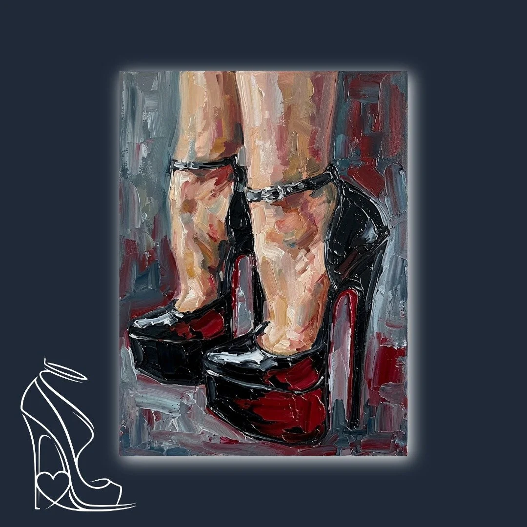 A vibrant impasto painting capturing the commanding allure of legs encased in gleaming black platform stilettos with striking red soles and secured ankle straps.