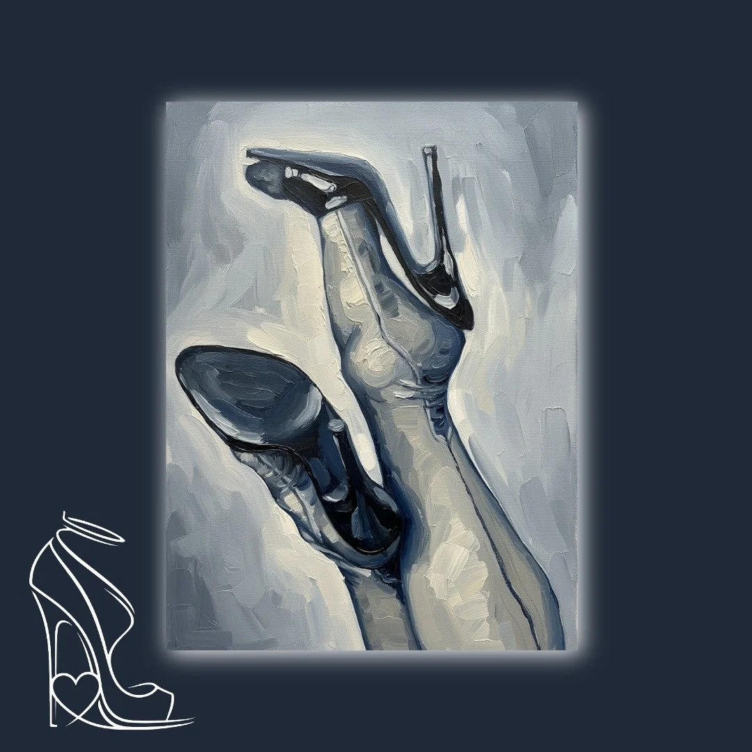 A captivating oil painting celebrating the sensual curves of legs adorned with stiletto high heels, rendered with bold impasto and monochromatic elegance.