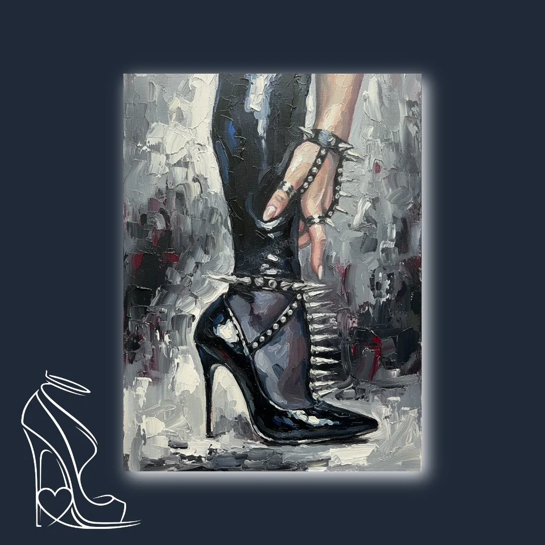 Experience the intoxicating power of a dominant mistress, her spiked stiletto poised to command your absolute submission. This piece encapsulates the thrilling allure of control and surrender.