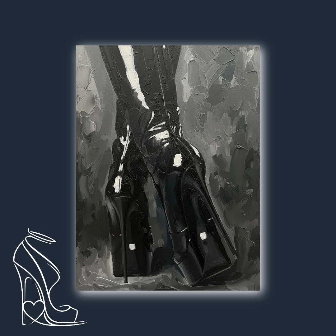 An evocative, textured oil painting capturing the glossy allure and powerful form of stiletto high heels in a monochromatic palette.