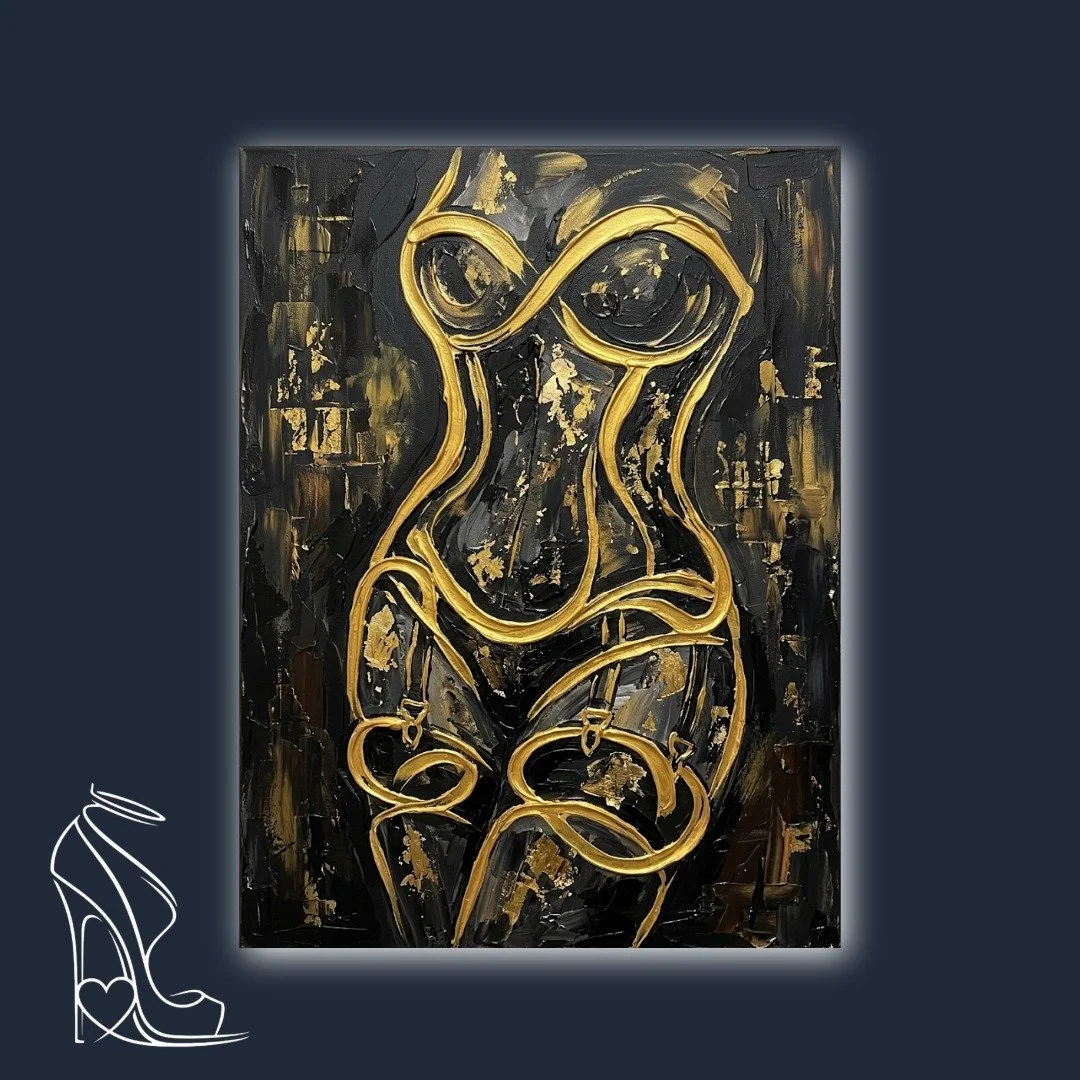 Thick black and gold impasto digital painting of a female silhouette with textured gold garter belt details.