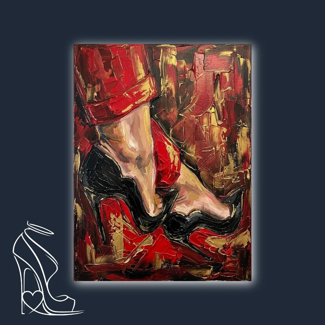 An intense impasto oil painting celebrating the fierce allure of stiletto high heels, rendered in a passionate swirl of black, crimson, and shimmering gold.