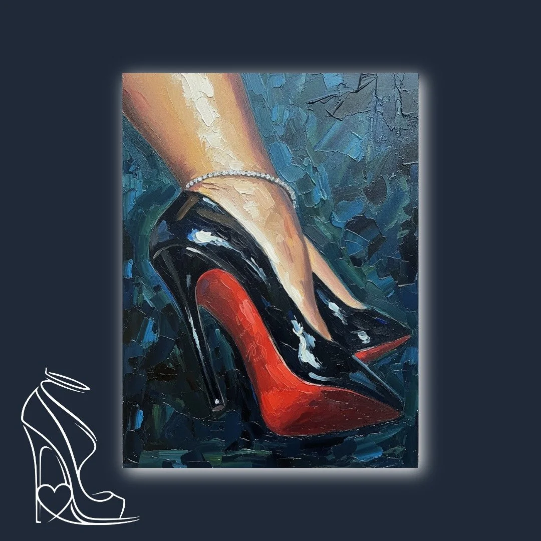 A captivating impasto oil painting of a foot adorned with a diamond anklet, encased in a glossy black stiletto with a striking red sole, exuding elegance and fetish allure.