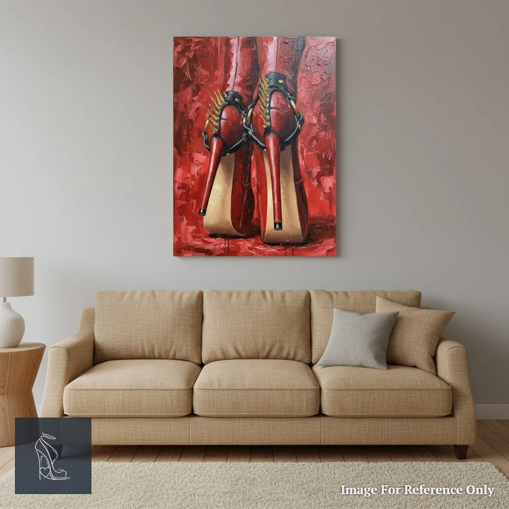 A dramatic statement piece, 'Crimson Dominion' featuring fetish high heels, positioned artfully above a fireplace in a contemporary living room, accentuating modern decor.