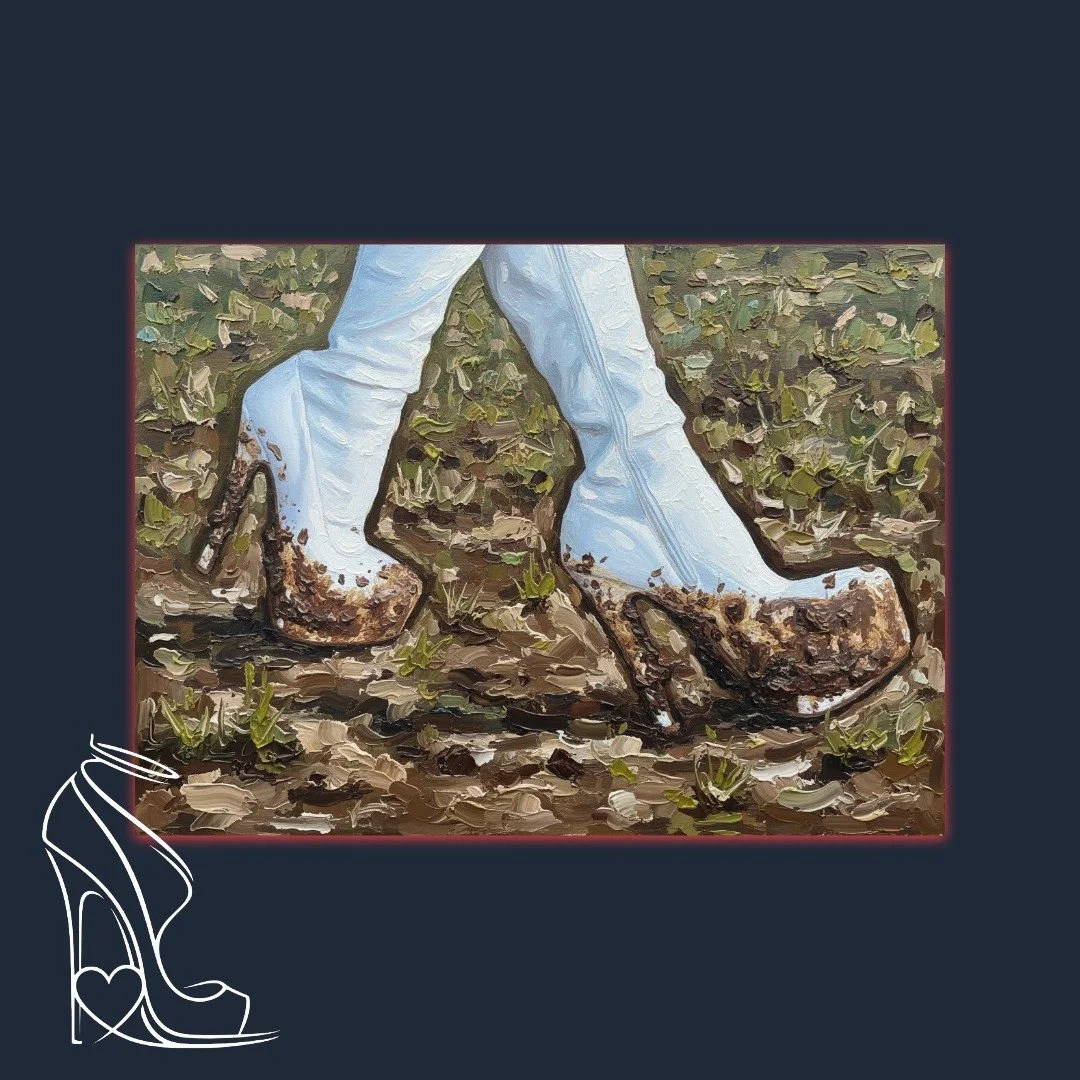 A powerful digital impasto artwork depicting pristine white stiletto boots defiantly conquering a muddy landscape, embodying raw dominance and fetish allure.