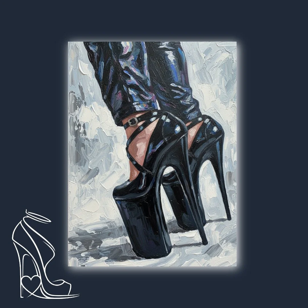 An original oil painting by Mark Lee, showcasing the mesmerizing power and fetishistic allure of extreme platform stiletto high heels in glossy patent leather with thick impasto.