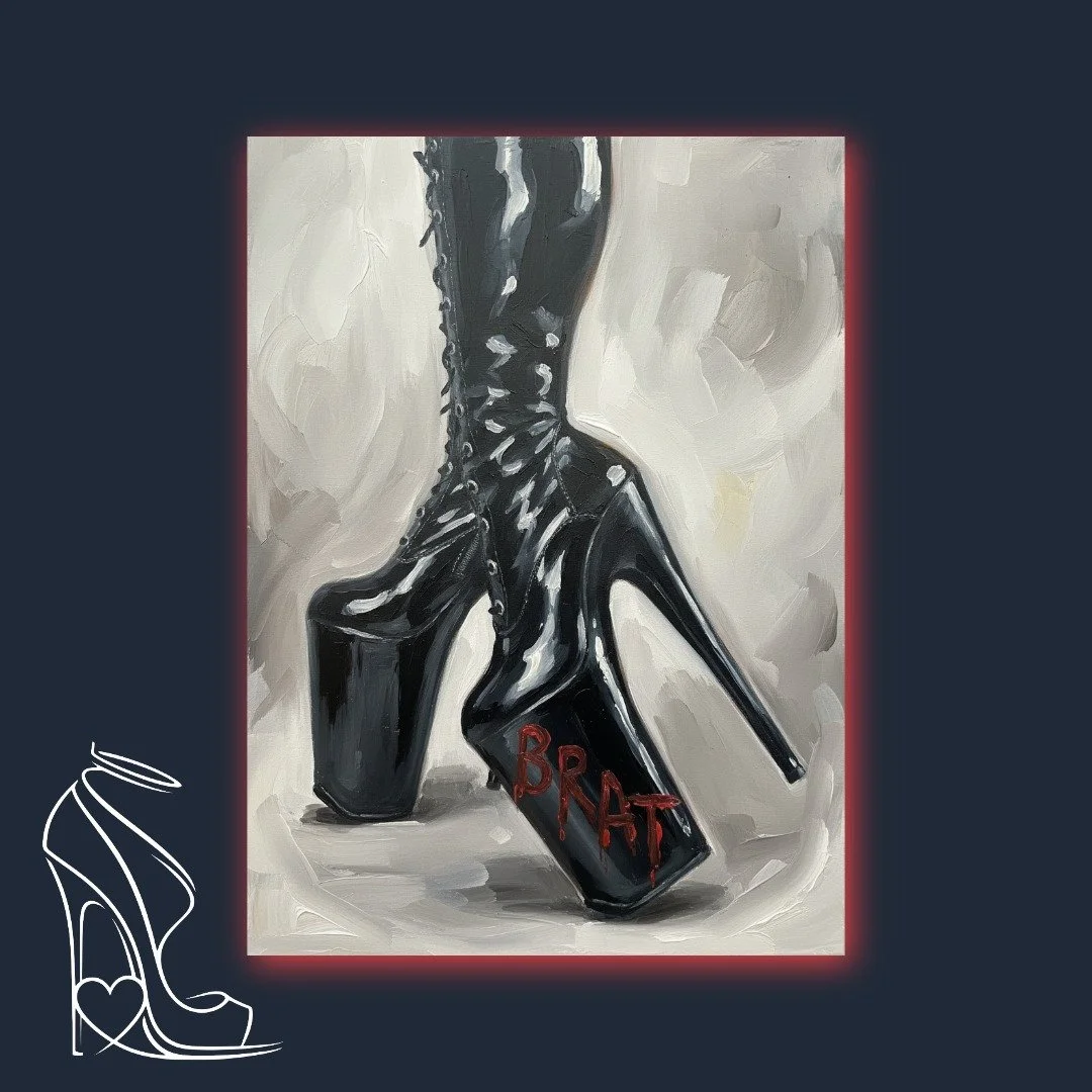 An intense digital impasto artwork of towering black platform stiletto boots, one defiantly marked "BRAT" in dripping red, from the "Architecture of Dominance" collection.