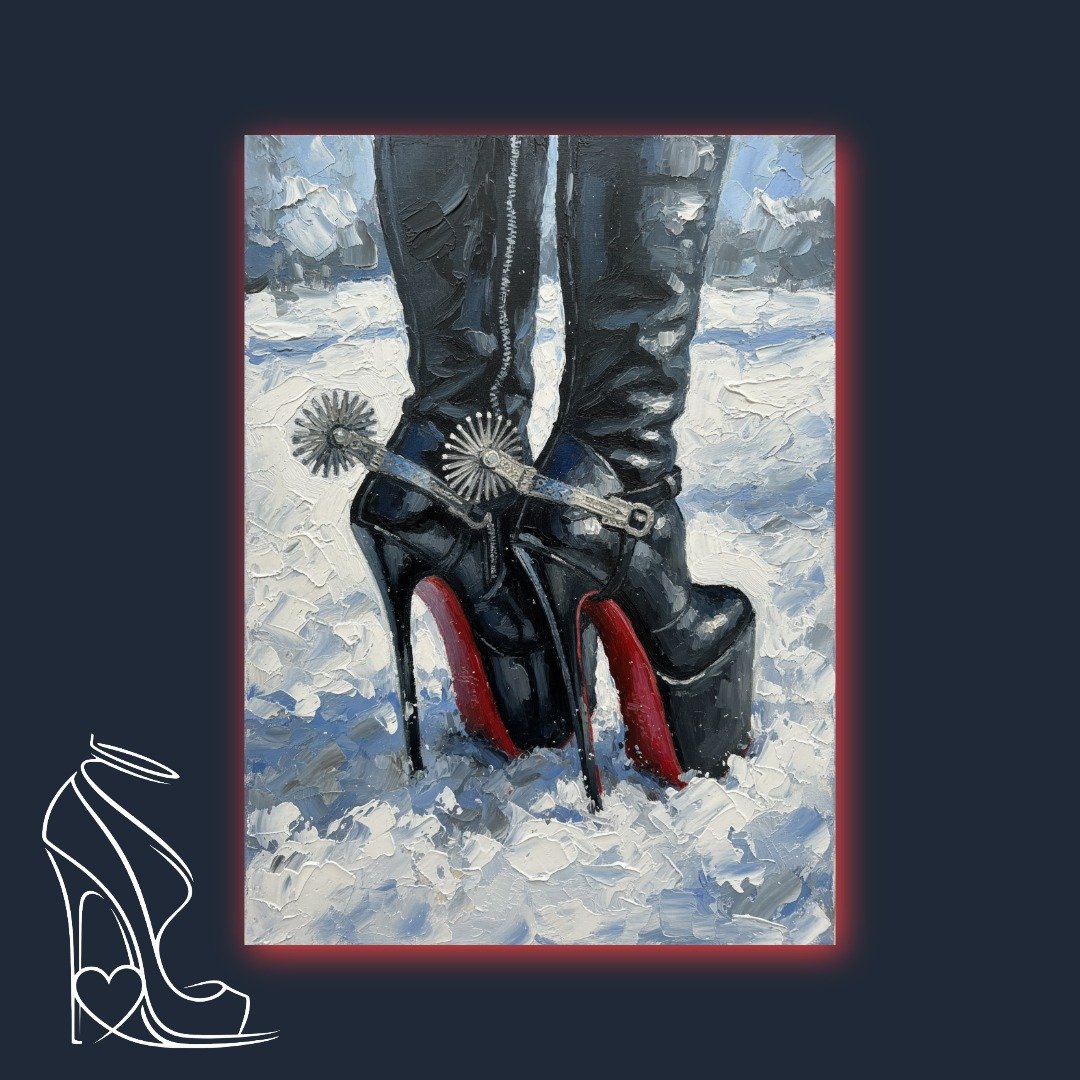Digital impasto painting featuring extreme black stiletto boots with red soles and spurs, set against a stark snowy landscape, capturing ultimate dominance.