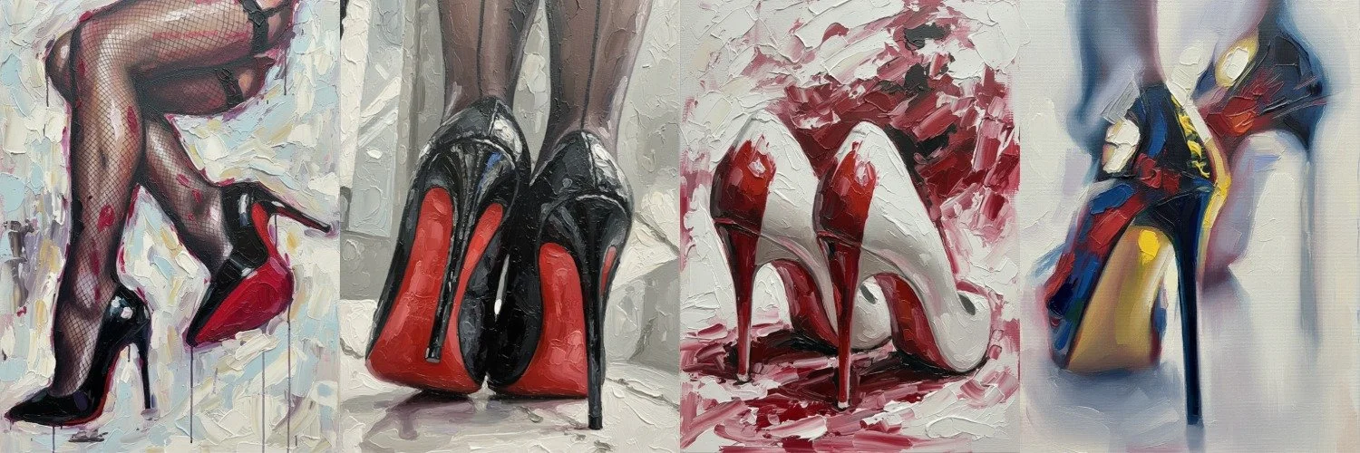 Explore Mark Lee's evocative stiletto high heel fetish art. Discover powerful oil paintings capturing the sensual allure and iconic red soles, perfect for heel lovers.